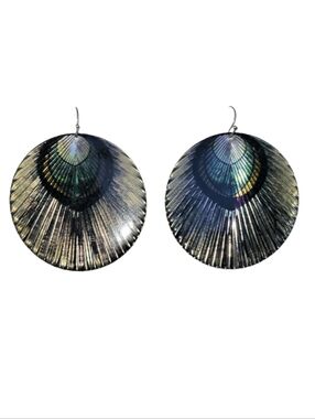 Iridescent Sea Shell Metal Dangle Earrings Silver, Blue, Gold Beach Coastal